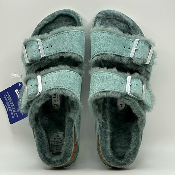Birkenstock Shoes - Birkenstock Arizona Shearling Beryl Fur Lined Suede Strap, US 8-8.5 | 39, Teal